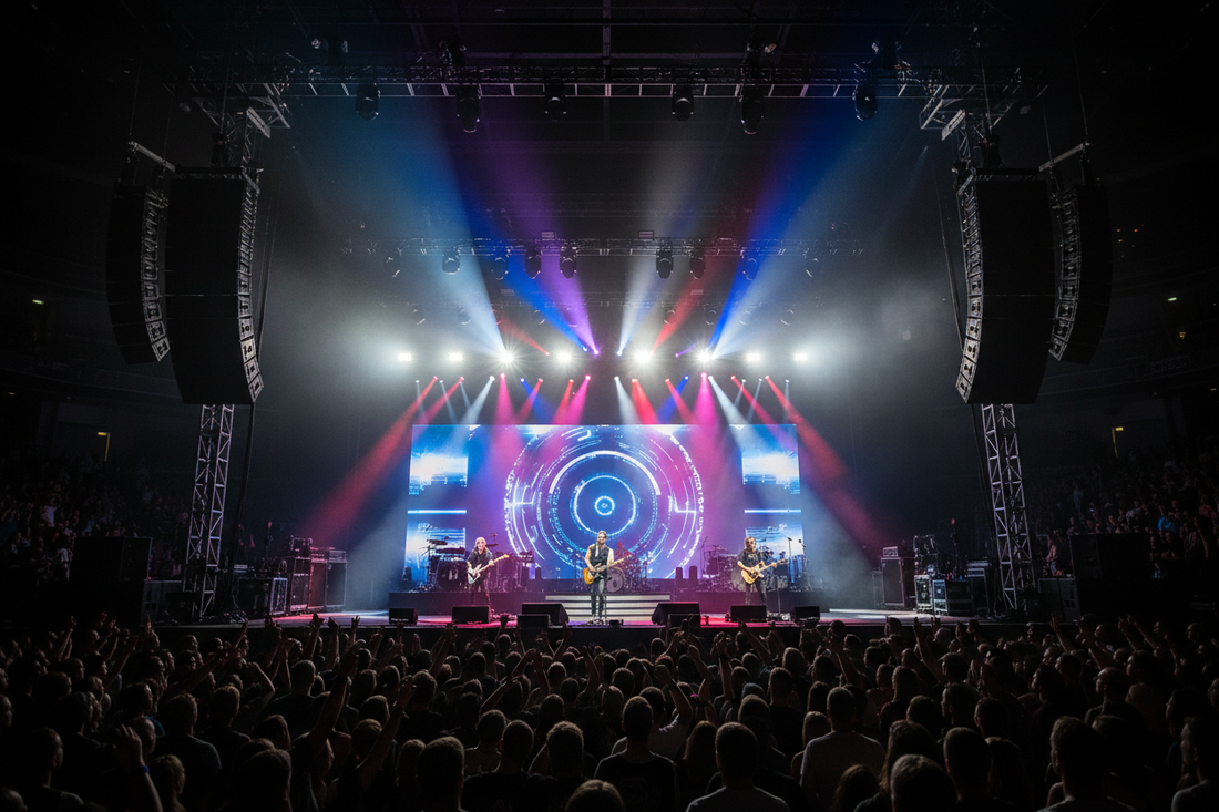Konsert med line array-högtalare och scenljus