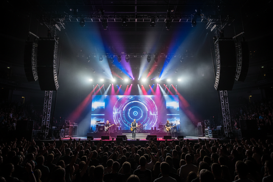 Konsert med line array-högtalare och scenljus