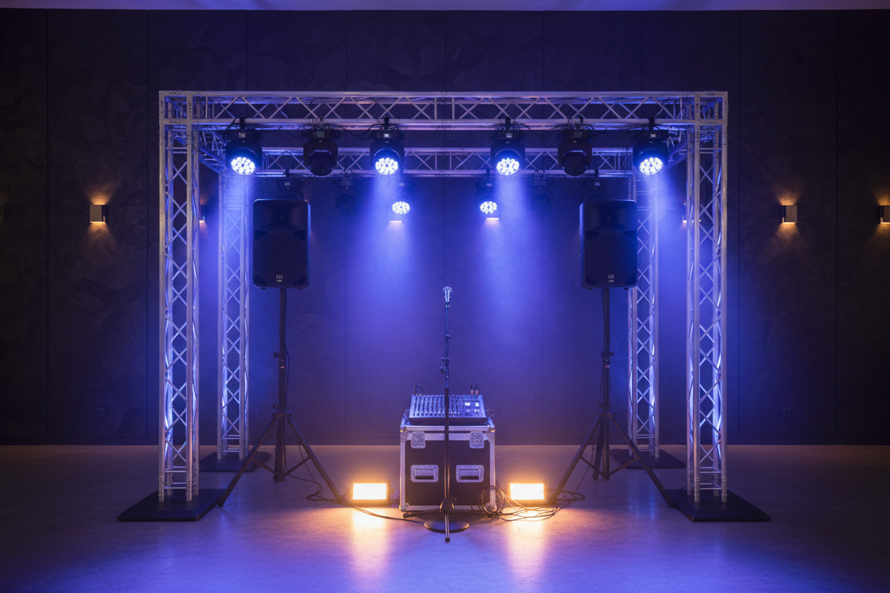 Mobil ljudrigg med tross-monterat ljus och frontljus